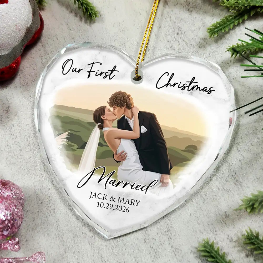 Art Design, Christmas, Married Couple, Romantic, Gift For Couples, Photo - Semi Realistic Portrait - Custom Photo Semi Realistic Portrait First Christmas As Mr & Mrs Couples - Personalized Glass Ornament