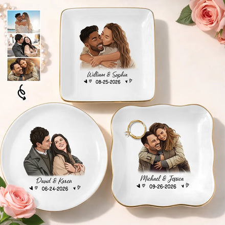 Custom Photo Semi Realistic Portrait Happy Couple Anniversary - Personalized Ring Dish