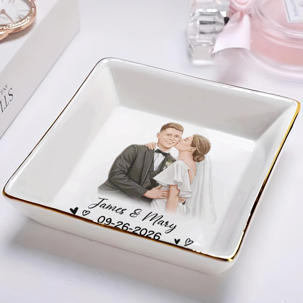 Custom Photo, Art Design, Gift For Couples, Romantic, Photo - Semi Realistic Portrait - Custom Photo Semi Realistic Portrait Happy Couple Anniversary - Personalized Ring Dish