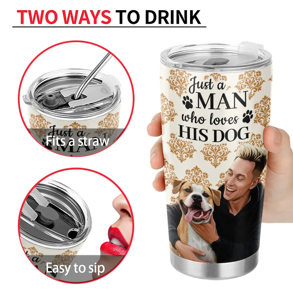 Art Design, Confident, Pet Lovers, Photo - Semi Realistic Portrait - Custom Photo Semi Realistic Portrait Just A Girl Who Loves Her Dog - Personalized Tumbler