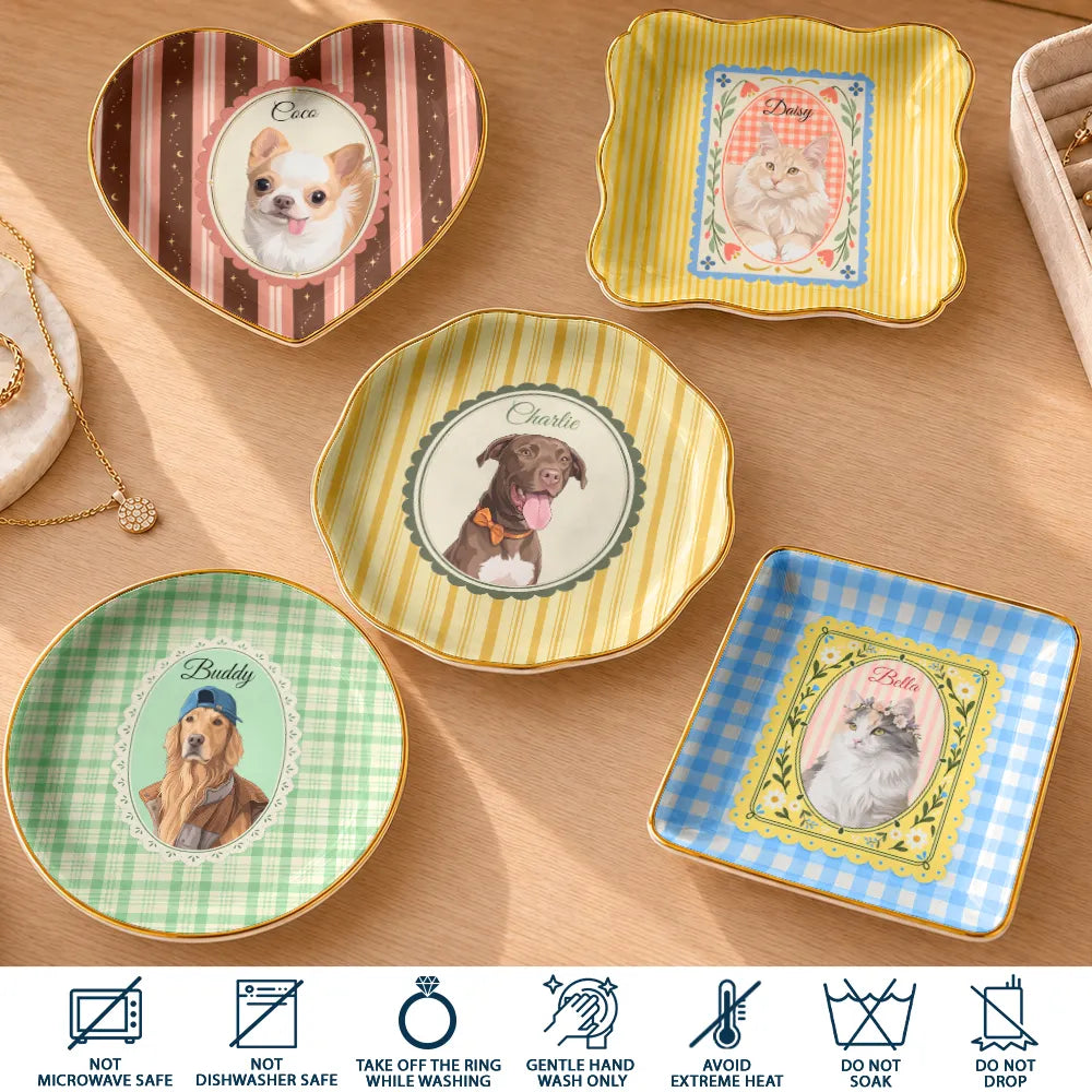 Custom Photo Semi Realistic Portrait Vintage Frame Dog Pet Lovers - Personalized Ring Dish
