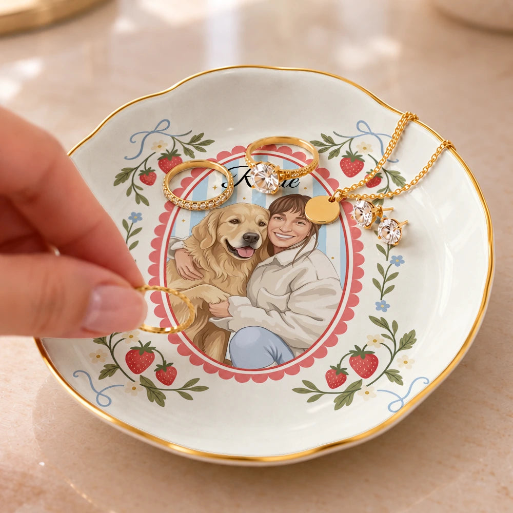 Custom Photo Semi Realistic Portrait Vintage Frame Dog Pet Lovers - Personalized Ring Dish
