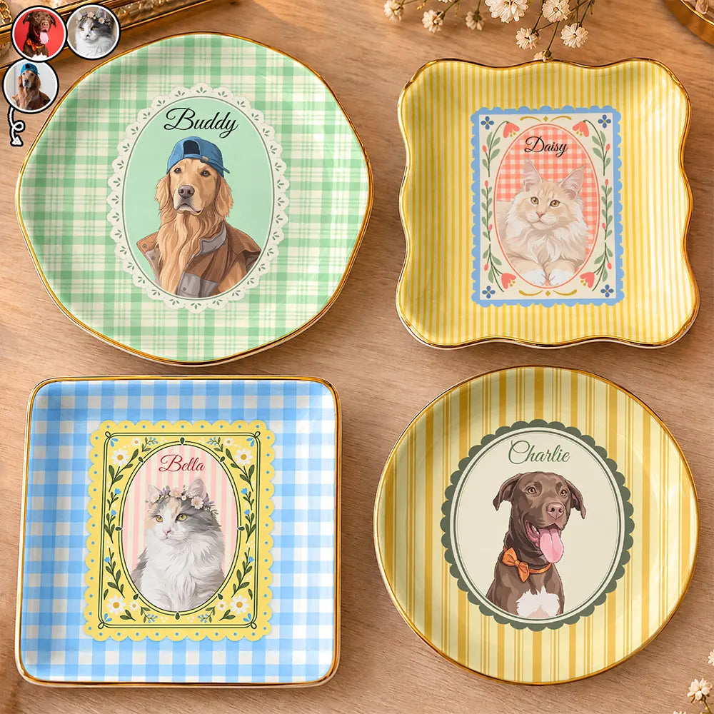 Custom Photo Semi Realistic Portrait Vintage Frame Dog Pet Lovers - Personalized Ring Dish