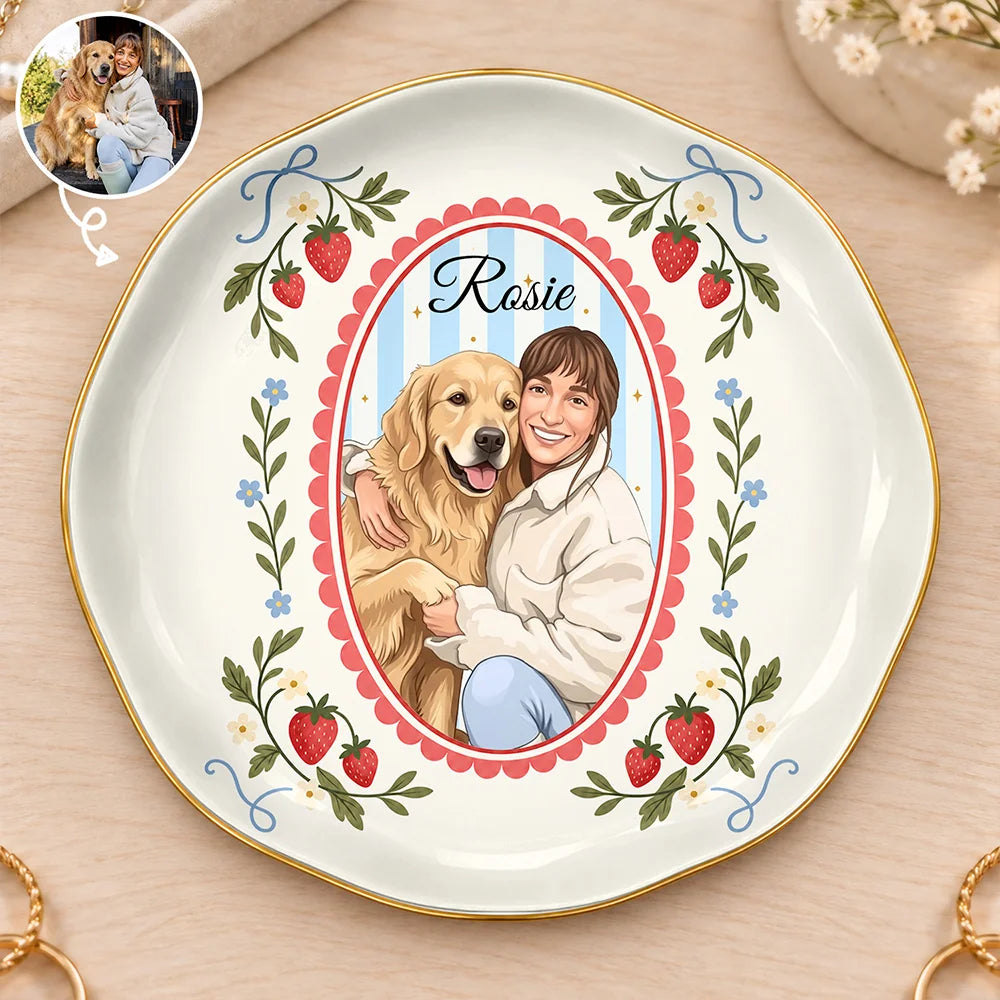 Custom Photo Semi Realistic Portrait Vintage Frame Dog Pet Lovers - Personalized Ring Dish