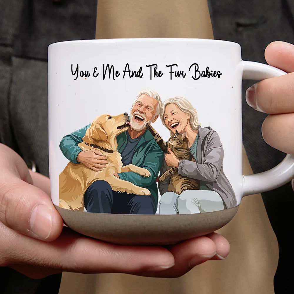 Custom Photo, Art Design, Top Market, Gift For Couples, Pet Couple, Pet Lovers, Adorable, Photo - Semi Realistic Portrait - Custom Photo Semi Realistic Portrait You & Me And The Dogs Cats - Personalized Pottery Mug