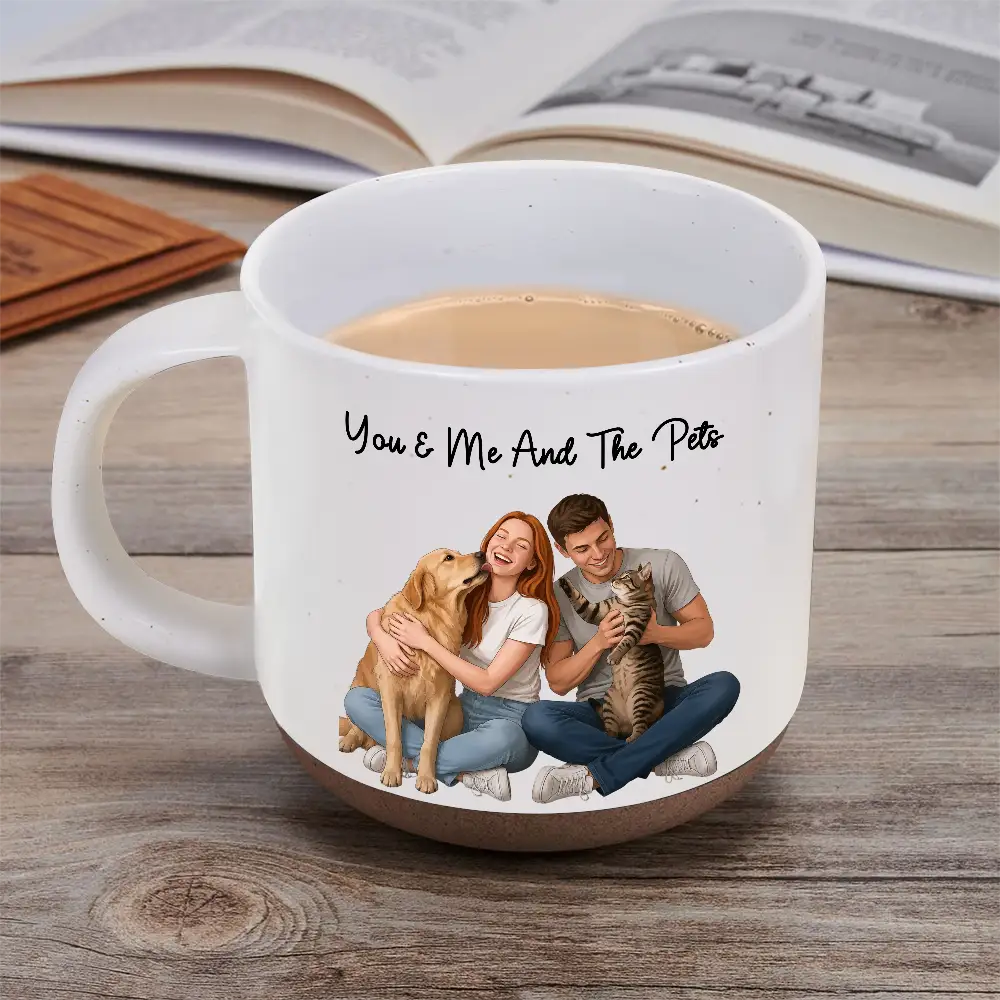 Custom Photo, Art Design, Top Market, Gift For Couples, Pet Couple, Pet Lovers, Adorable, Photo - Semi Realistic Portrait - Custom Photo Semi Realistic Portrait You & Me And The Dogs Cats - Personalized Pottery Mug