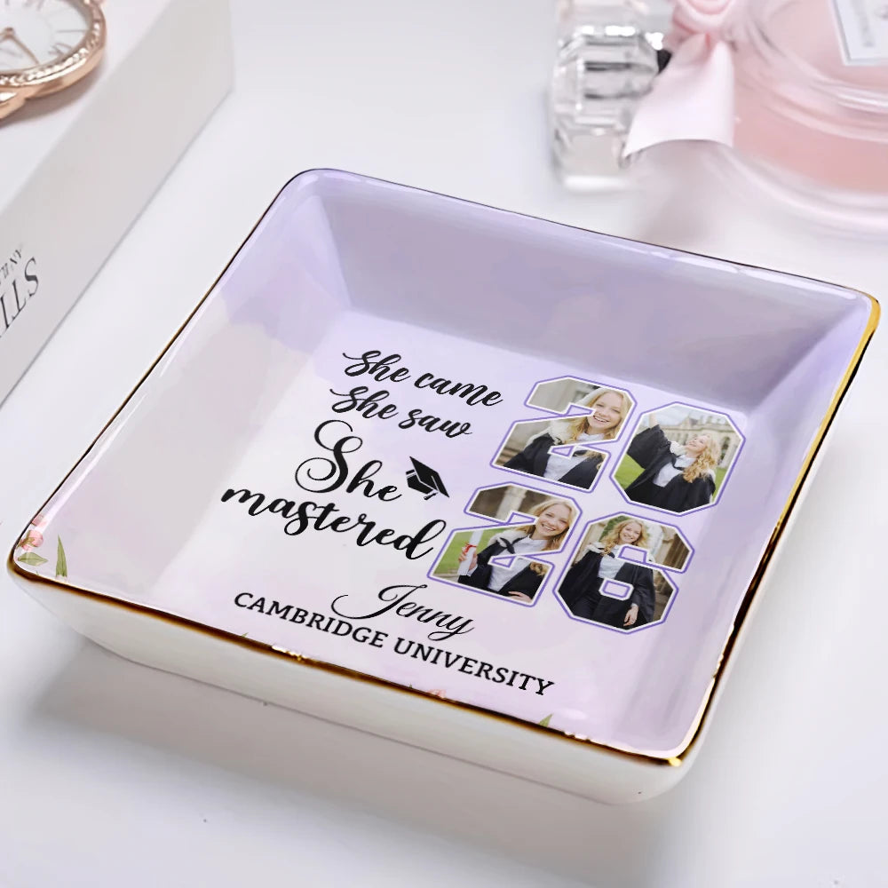 Graduation,Gift For Girlfriend,Gift For Bestie,Gift For Daughter,Happy - Custom Photo She Came She Saw She Mastered - Personalized Ring Dish