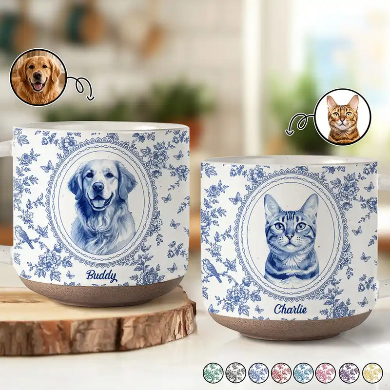 Art Design, Pet Lovers, Photo - Porcelain Art Style, Happy - Custom Photo Single-Color Watercolor Dog Cat Pet Pet Portrait Flower - Personalized Pottery Mug