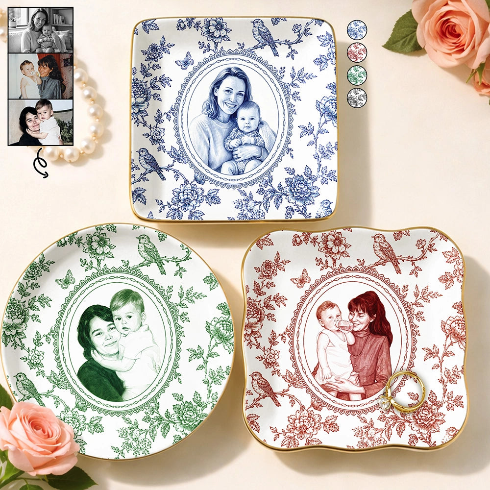 Art Design,Gift For Children,Gift For Mother,Mom - Daughter (Adult),Gift For Daughter,Photo - Porcelain Art Style,Happy - Custom Photo Single-Color Watercolor Mother Daughter Dog Cat Family - Personalized Ring Dish