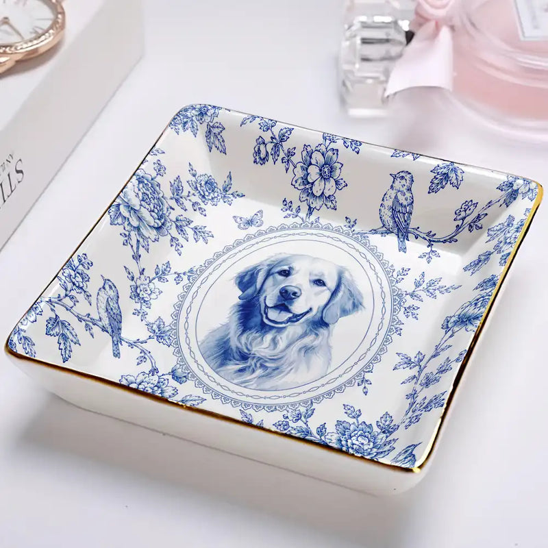 Art Design,Gift For Children,Gift For Mother,Mom - Daughter (Adult),Gift For Daughter,Photo - Porcelain Art Style,Happy - Custom Photo Single-Color Watercolor Mother Daughter Dog Cat Family - Personalized Ring Dish