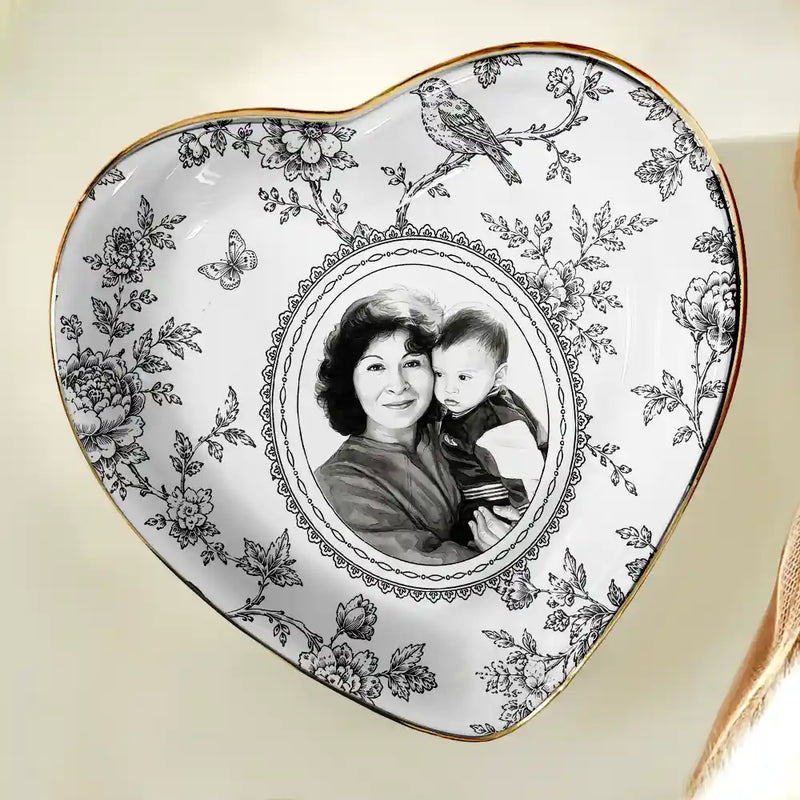 Art Design,Gift For Children,Gift For Mother,Mom - Daughter (Adult),Gift For Daughter,Photo - Porcelain Art Style,Happy - Custom Photo Single-Color Watercolor Mother Daughter Dog Cat Family - Personalized Ring Dish