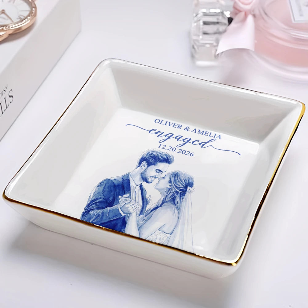 Art Design,Engaged Couple,Romantic,Gift For Couples,Wedding,Photo - Porcelain Art Style - Custom Photo Single-Color Watercolor Wedding Couple Engagement Bridal Shower - Personalized Ring Dish