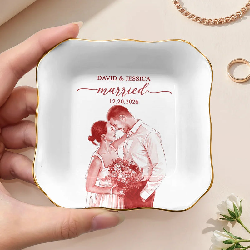 Art Design,Engaged Couple,Romantic,Gift For Couples,Wedding,Photo - Porcelain Art Style - Custom Photo Single-Color Watercolor Wedding Couple Engagement Bridal Shower - Personalized Ring Dish