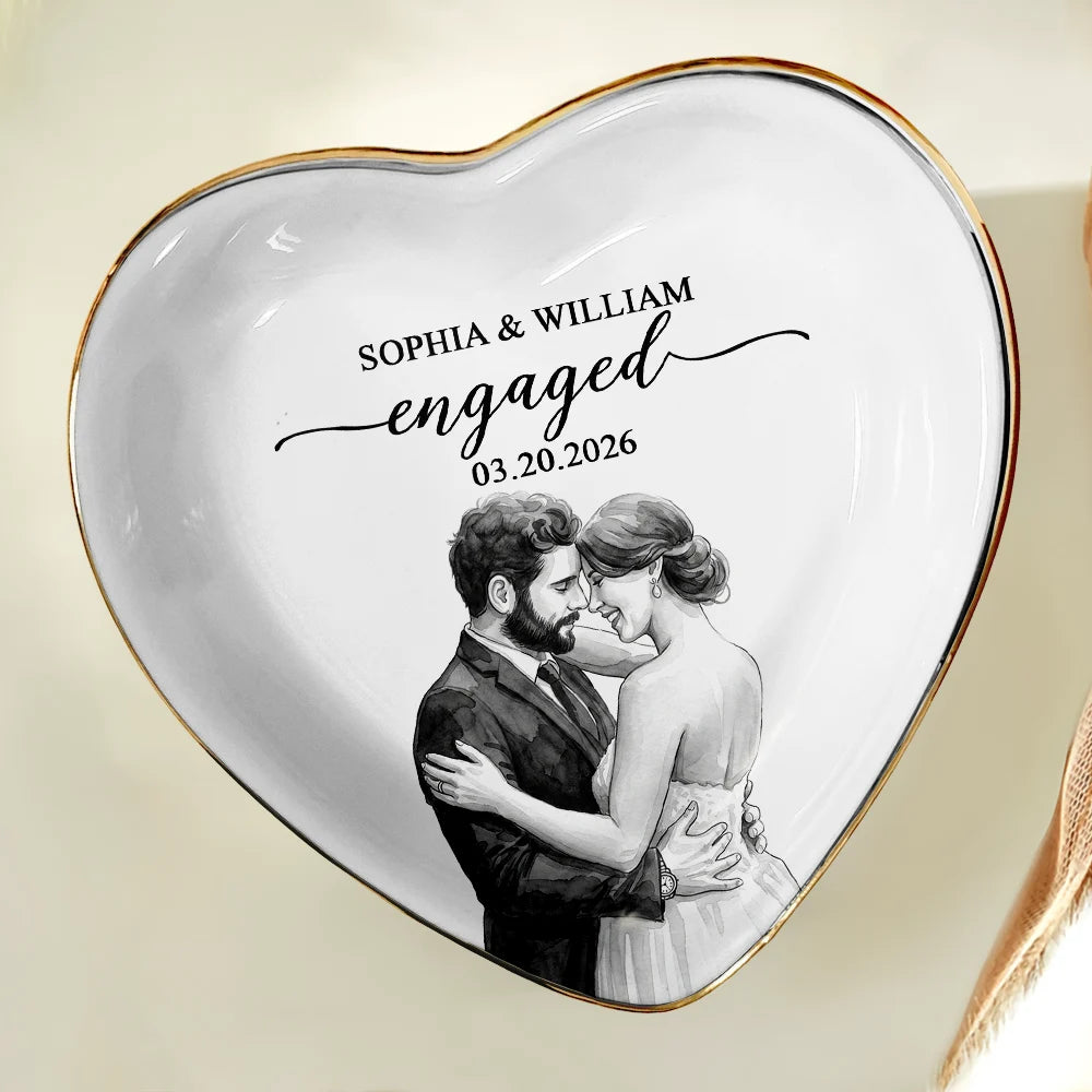 Art Design,Engaged Couple,Romantic,Gift For Couples,Wedding,Photo - Porcelain Art Style - Custom Photo Single-Color Watercolor Wedding Couple Engagement Bridal Shower - Personalized Ring Dish