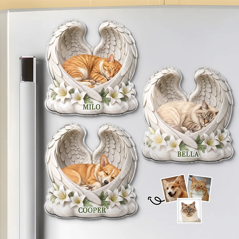 Art Design,Sentimental,Pet Lovers,Photo - Sleeping Dog Cat Baby - Custom Photo Sleeping Angel Dog Cat Angel Wings Memorial - Personalized Acrylic Magnet