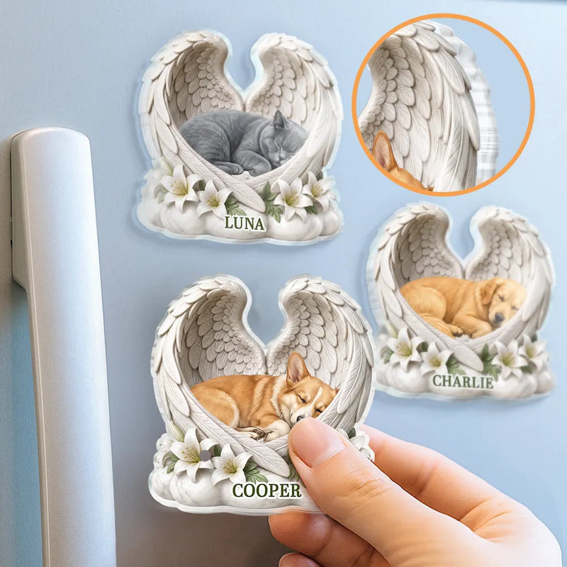 Art Design,Sentimental,Pet Lovers,Photo - Sleeping Dog Cat Baby - Custom Photo Sleeping Angel Dog Cat Angel Wings Memorial - Personalized Acrylic Magnet