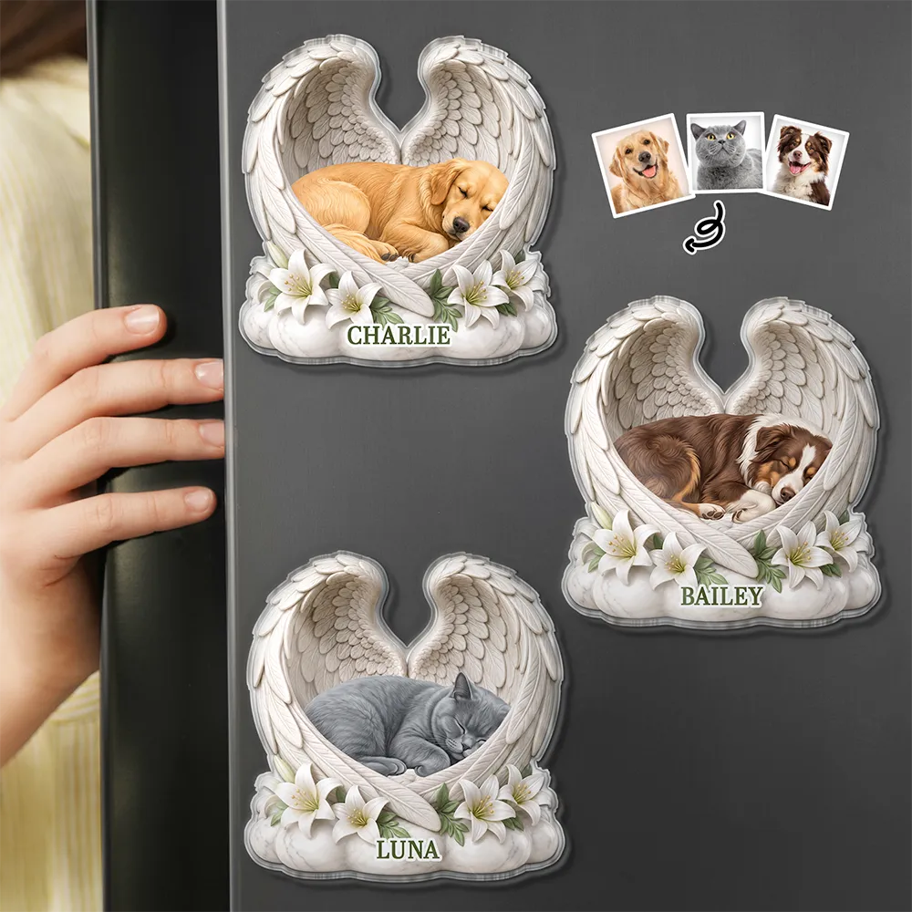 Custom Photo Sleeping Angel Dog Cat Angel Wings Memorial - Personalized Acrylic Magnet