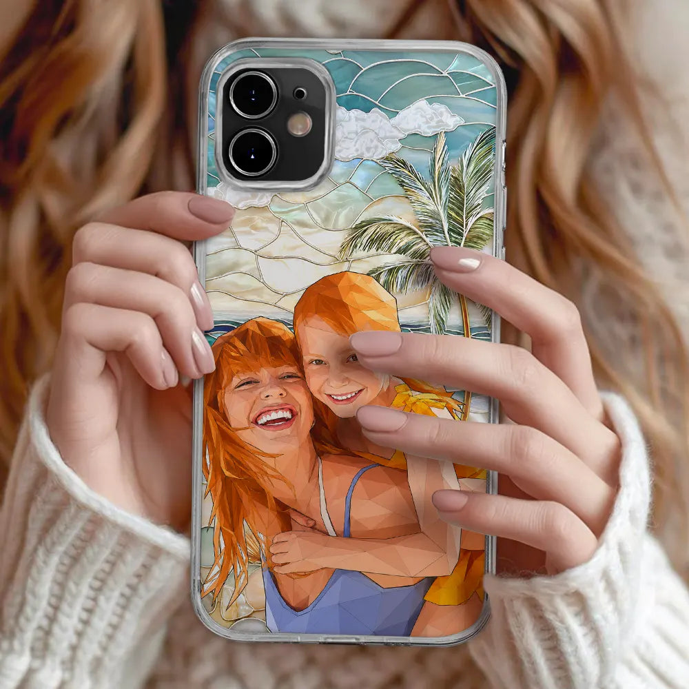 Custom Photo, Art Design, Summer, Family, Adorable, Photo - Stained Glass - Custom Photo Stained Glass Coastal Family Bestie Portrait - Personalized Clear Phone Case