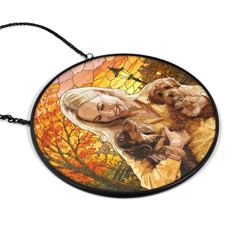 Art Design,Cozy,Family,Photo - Stained Glass - Custom Photo Stained Glass Couple Grandma Pet Family Autumn - Personalized Stained Glass Window Hanging Suncatcher
