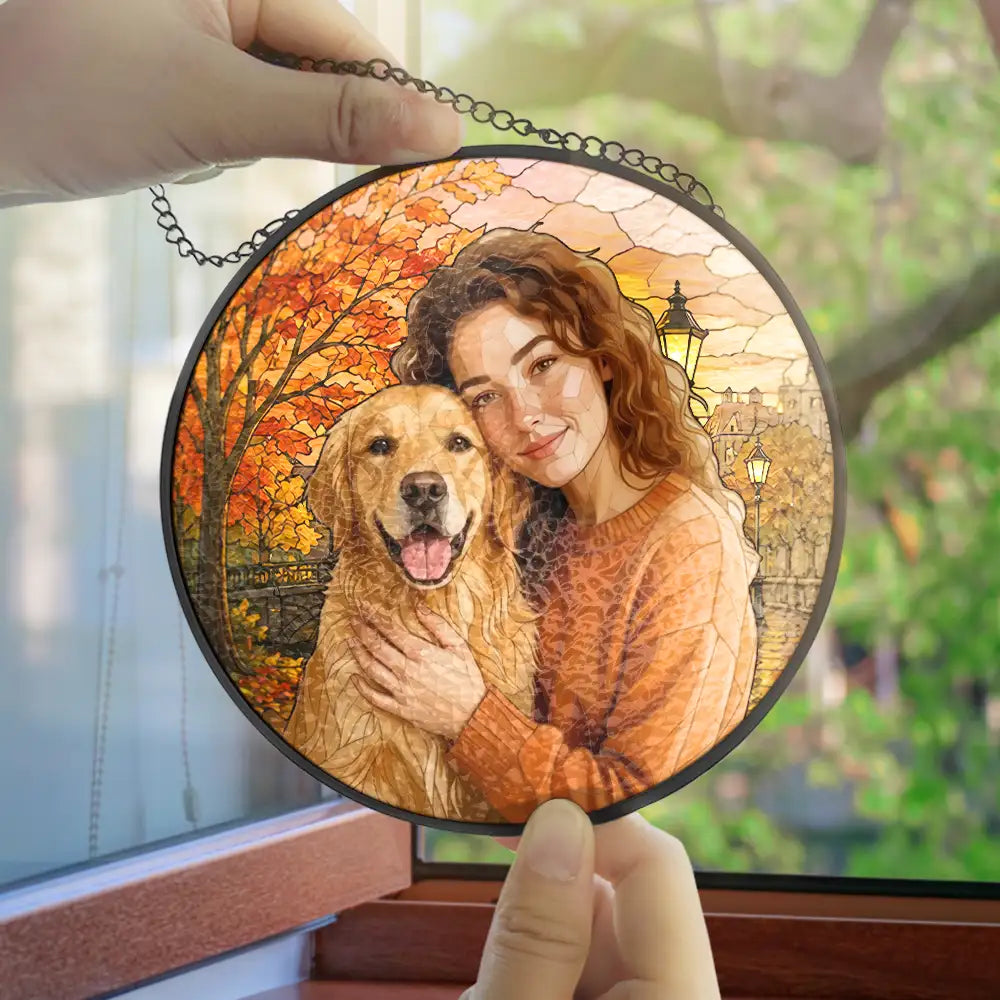 Art Design,Cozy,Family,Photo - Stained Glass - Custom Photo Stained Glass Couple Grandma Pet Family Autumn - Personalized Stained Glass Window Hanging Suncatcher