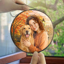 Art Design,Cozy,Family,Photo - Stained Glass - Custom Photo Stained Glass Couple Grandma Pet Family Autumn - Personalized Stained Glass Window Hanging Suncatcher
