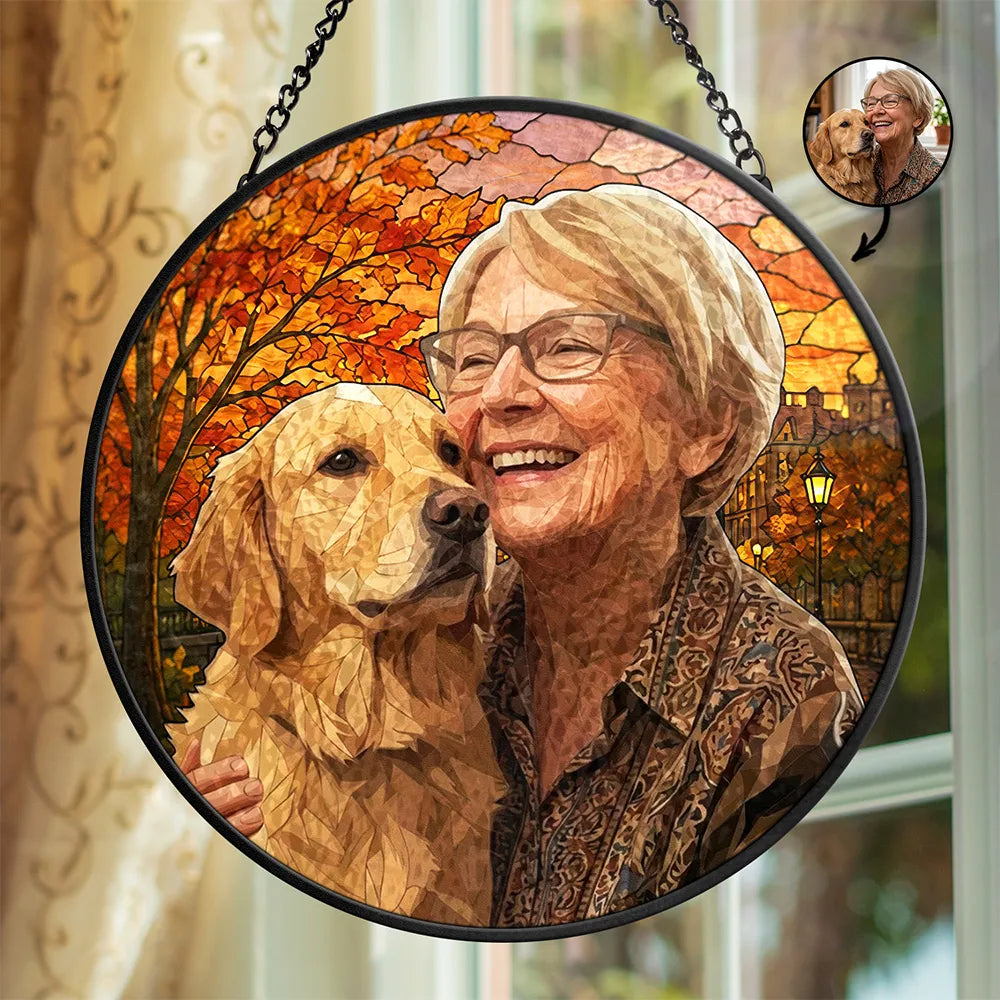 Art Design,Cozy,Family,Photo - Stained Glass - Custom Photo Stained Glass Couple Grandma Pet Family Autumn - Personalized Stained Glass Window Hanging Suncatcher