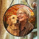 Art Design,Cozy,Family,Photo - Stained Glass - Custom Photo Stained Glass Couple Grandma Pet Family Autumn - Personalized Stained Glass Window Hanging Suncatcher