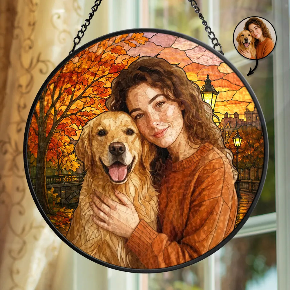Custom Photo Stained Glass Pet Lovers Gift Autumn - Personalized Stained Glass Window Hanging Suncatcher