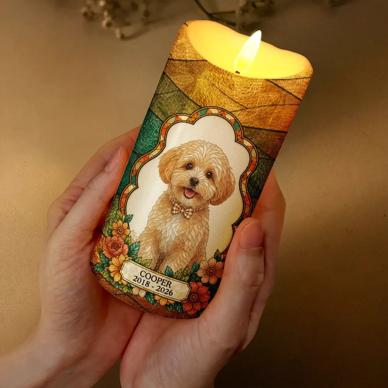 Art Design,Christmas,Pet Memorial,Sympathetic,Pet Lovers,Memorial,Photo - Stained Glass - Custom Photo Stained Glass Memorial Pet Forever In My Heart Always Loved - Personalized Flameless LED Candle
