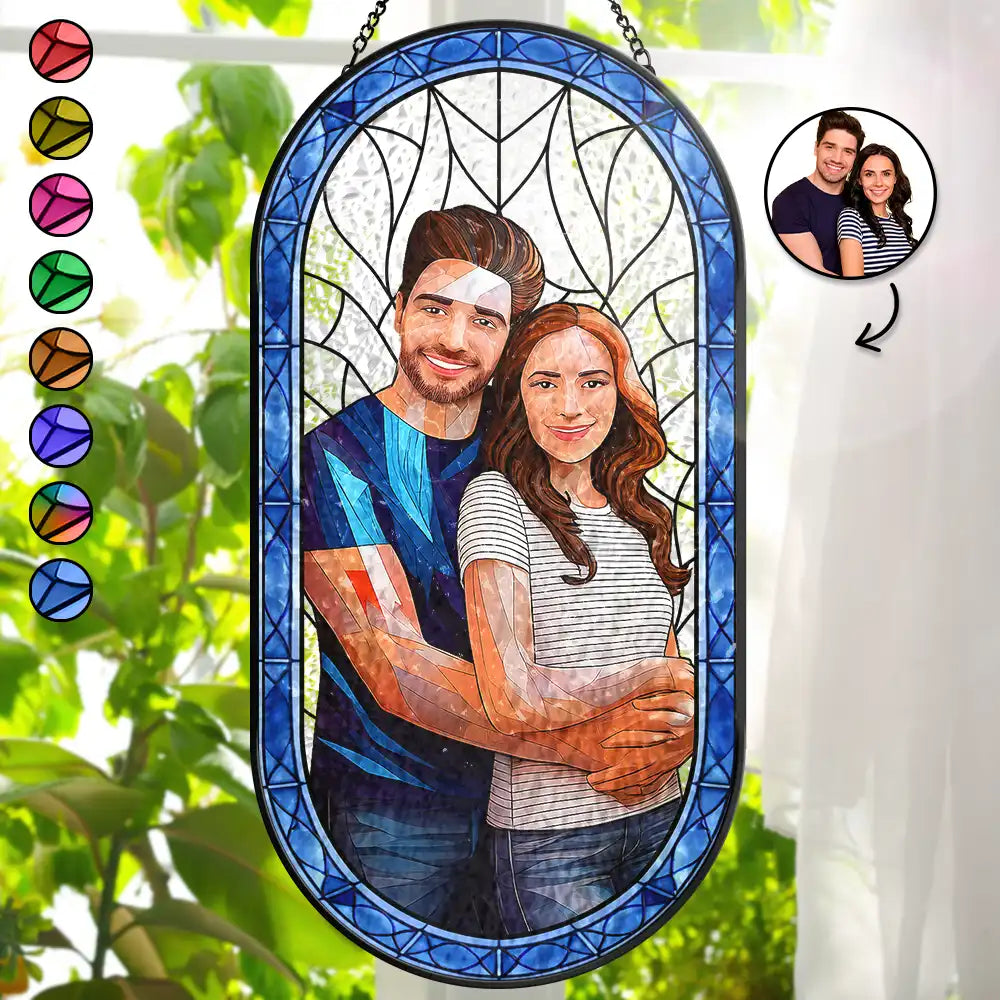Gift For Couples,Old Couples,Love,LGBT,Gift For Wife,Gift For Boyfriend,Gift For Husband,Gift For Girlfriend - Custom Photo Stained Glass Portrait Couple Family - Personalized Rounded Rectangle Stained Glass Suncatcher
