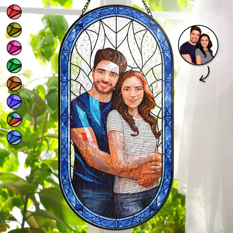 Gift For Couples,Old Couples,Love,LGBT,Gift For Wife,Gift For Boyfriend,Gift For Husband,Gift For Girlfriend - Custom Photo Stained Glass Portrait Couple Family - Personalized Rounded Rectangle Stained Glass Suncatcher