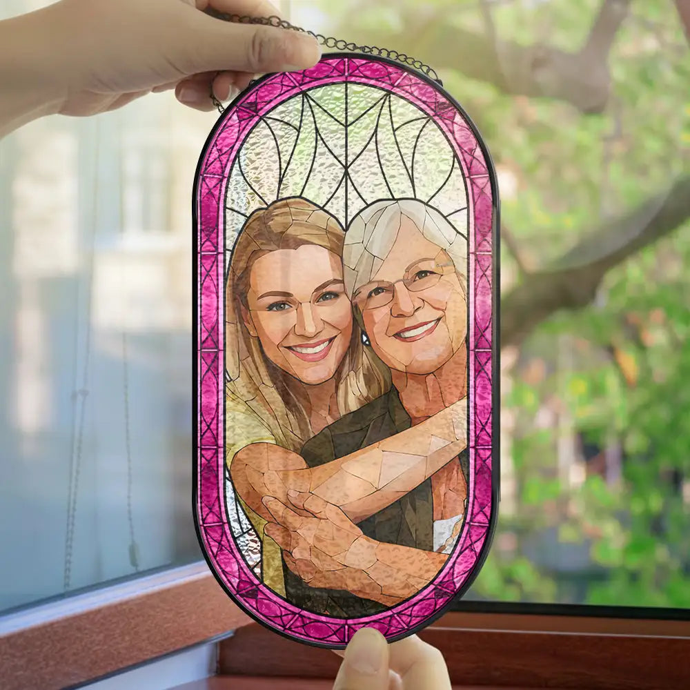 Gift For Couples,Old Couples,Love,LGBT,Gift For Wife,Gift For Boyfriend,Gift For Husband,Gift For Girlfriend - Custom Photo Stained Glass Portrait Couple Family - Personalized Rounded Rectangle Stained Glass Suncatcher