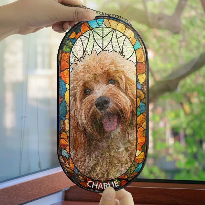 Happy,Dog Lovers,Pet Lovers,Cat Lovers - Custom Photo Stained Glass Portrait Dog Cat Family - Personalized Rounded Rectangle Stained Glass Suncatcher