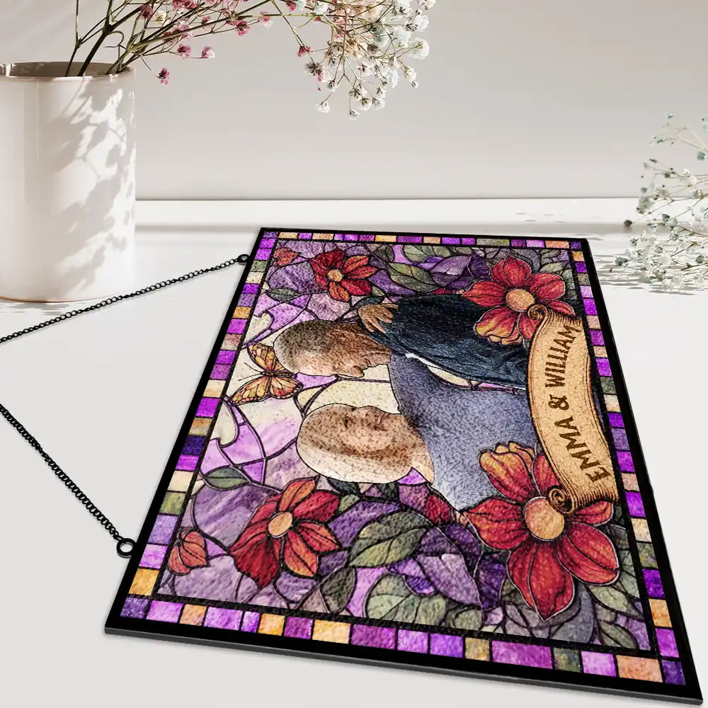 Art Design, Playful, Pet Lovers, Photo - Stained Glass - Custom Photo Stained Glass Portrait Dog Cat Family - Personalized Horizontal Stained Glass Suncatcher