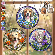 Art Design,Playful,Pet Lovers,Photo - Stained Glass - Custom Photo Stained Glass Portrait Dog Cat Family Blue Flower - Personalized Stained Glass Window Hanging Suncatcher
