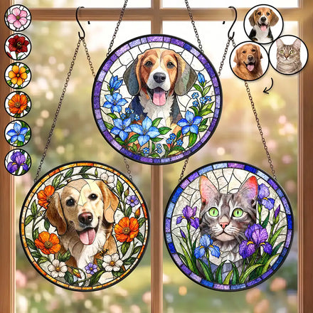 Custom Photo Stained Glass Portrait Dog Cat Family Blue Flower - Personalized Stained Glass Window Hanging Suncatcher
