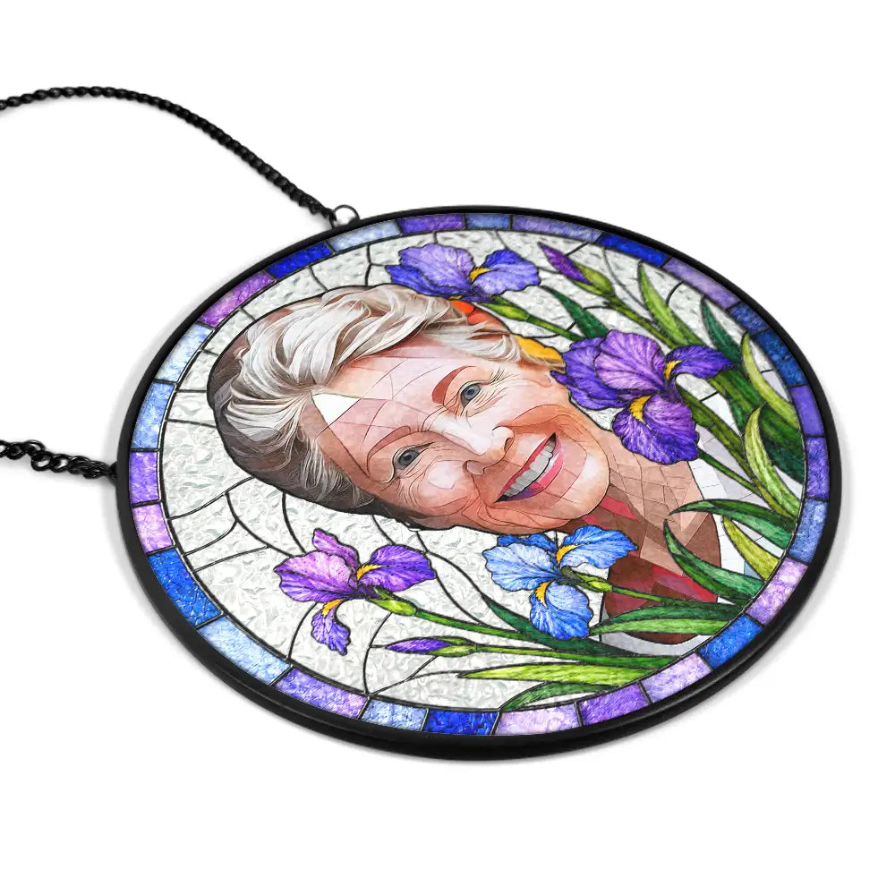Art Design,Playful,Pet Lovers,Photo - Stained Glass - Custom Photo Stained Glass Portrait Dog Cat Family Blue Flower - Personalized Stained Glass Window Hanging Suncatcher