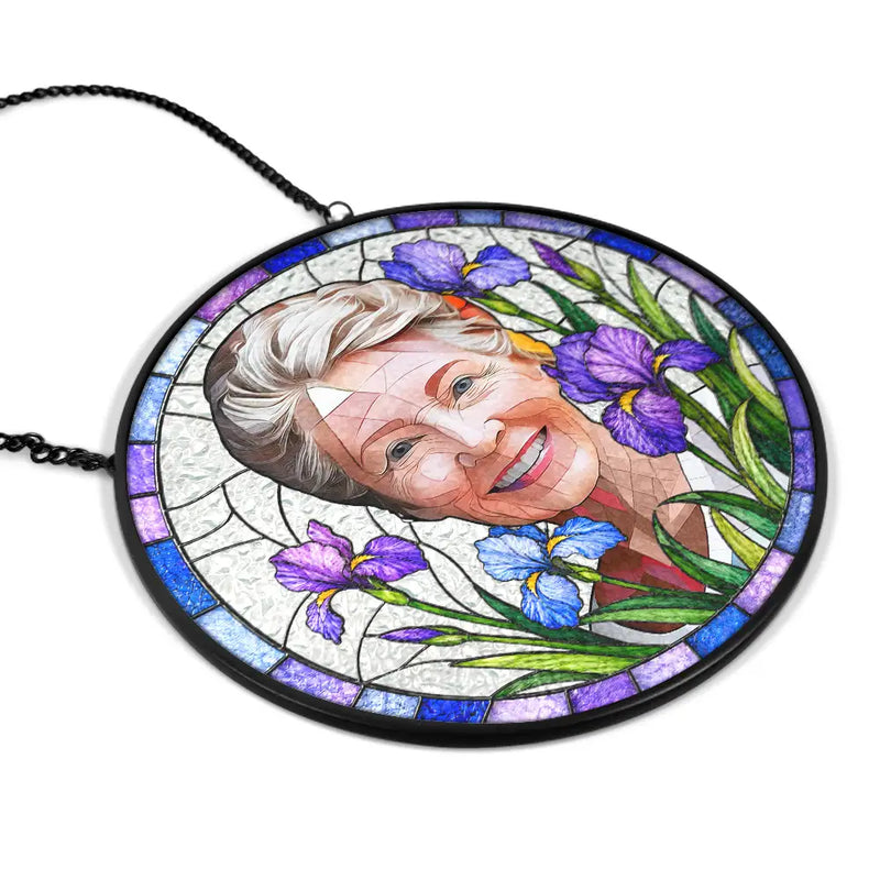 Art Design,Playful,Pet Lovers,Photo - Stained Glass - Custom Photo Stained Glass Portrait Dog Cat Family Blue Flower - Personalized Stained Glass Window Hanging Suncatcher