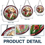 Art Design,Playful,Pet Lovers,Photo - Stained Glass - Custom Photo Stained Glass Portrait Dog Cat Family Blue Flower - Personalized Stained Glass Window Hanging Suncatcher