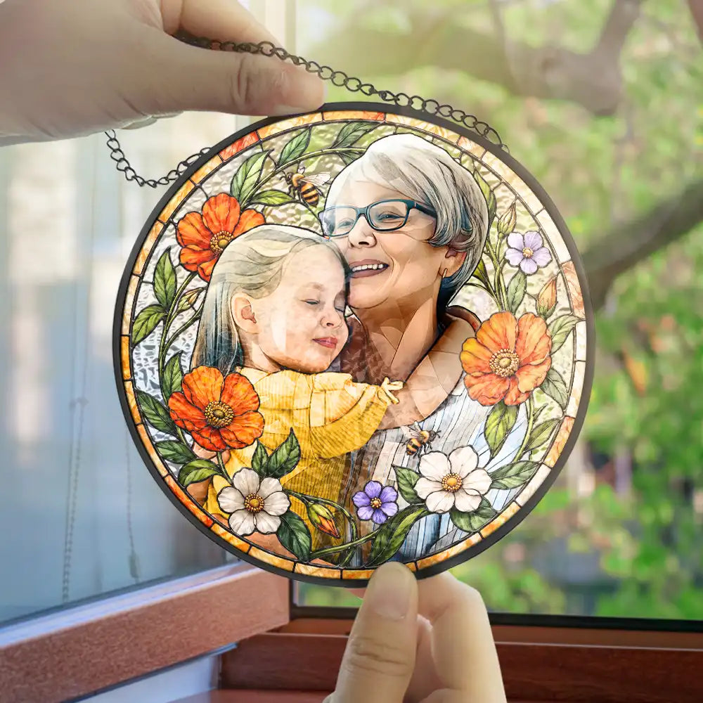 Art Design,Playful,Pet Lovers,Photo - Stained Glass - Custom Photo Stained Glass Portrait Dog Cat Family Blue Flower - Personalized Stained Glass Window Hanging Suncatcher