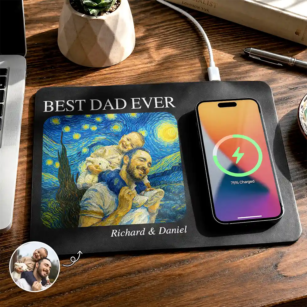 Gift For Father,Gift For Grandpa,Non-Eng,Photo - Starry Night,Proud - Custom Photo Starry Night Best Dad Papa Ever - Personalized Leather Charging Mat