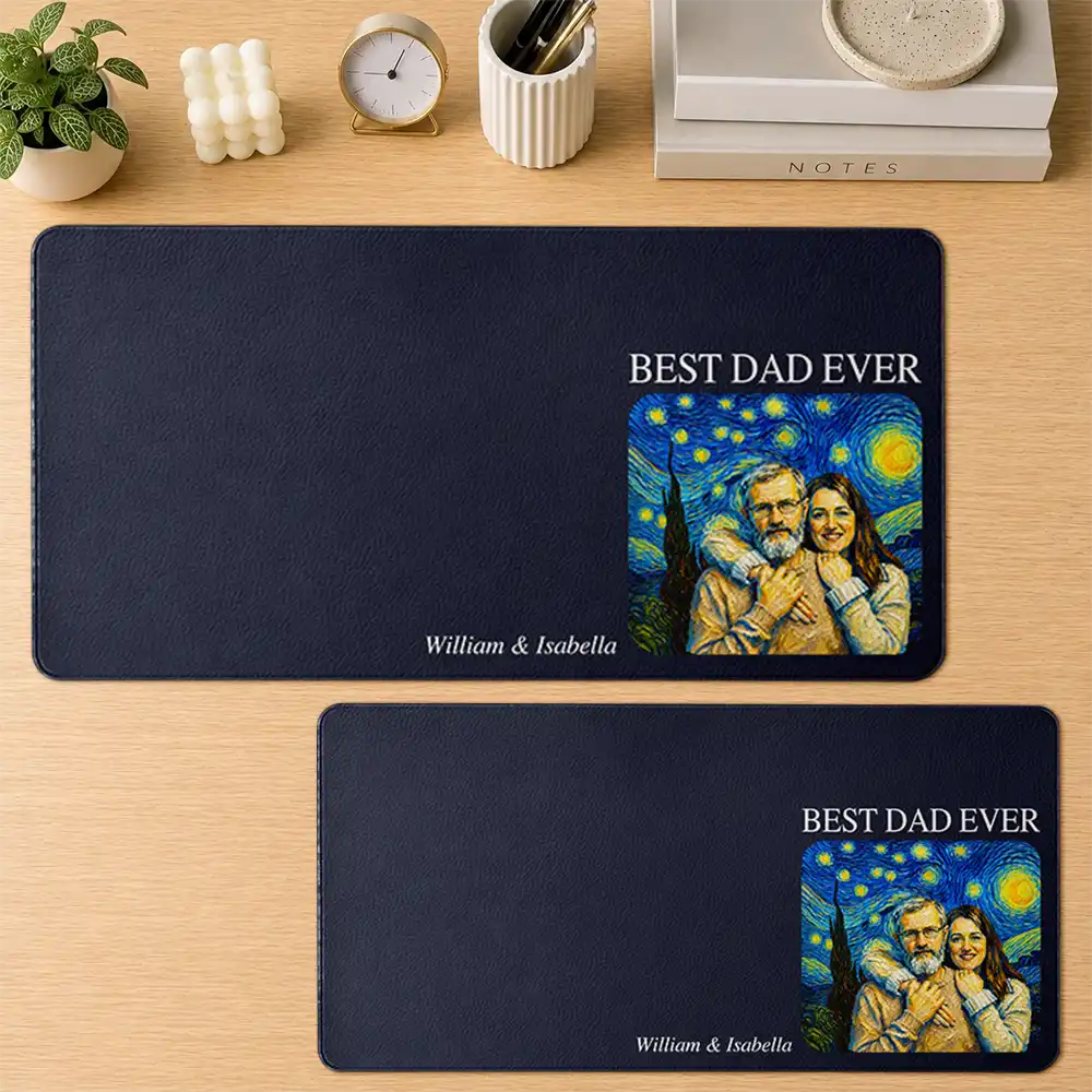 Gift For Father,Gift For Grandpa,Non-Eng,Photo - Starry Night,Proud - Custom Photo Starry Night Best Dad Papa Ever - Personalized Leather Desk Mat