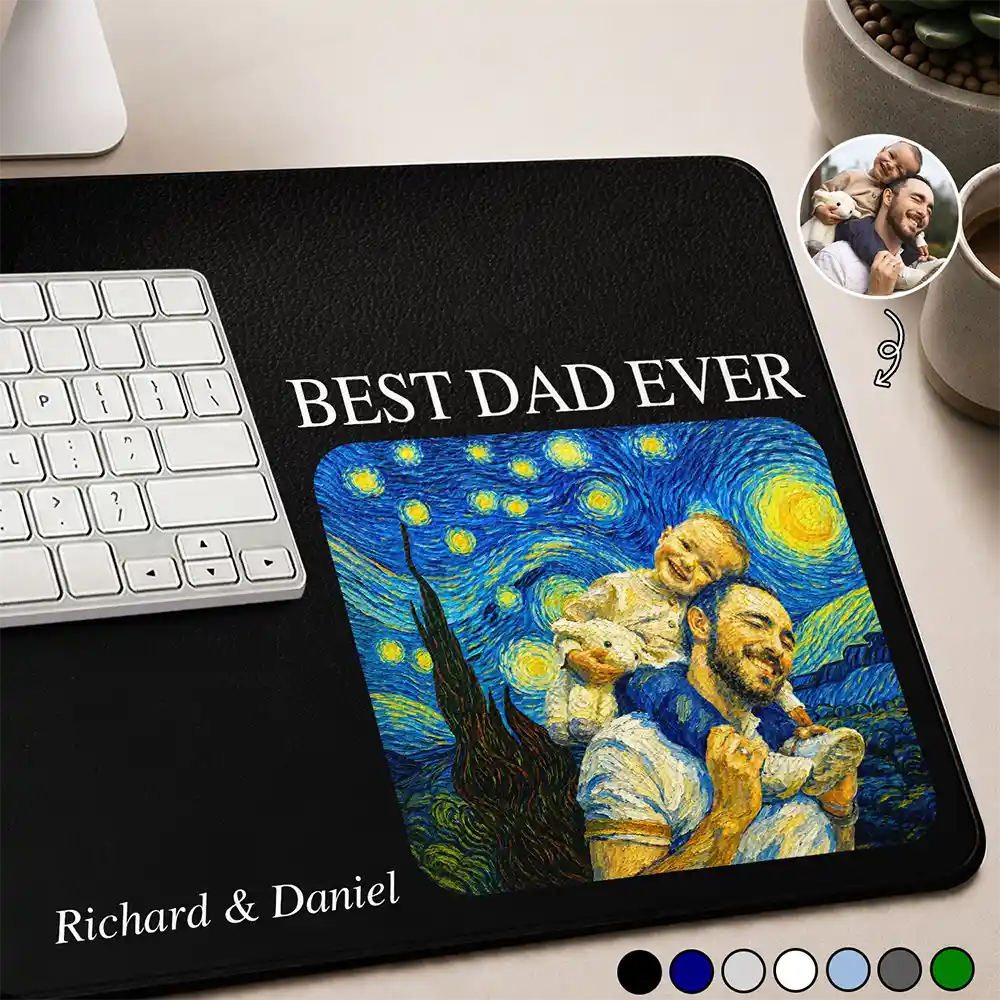Gift For Father,Gift For Grandpa,Non-Eng,Photo - Starry Night,Proud - Custom Photo Starry Night Best Dad Papa Ever - Personalized Leather Desk Mat