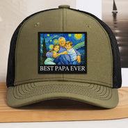 Gift For Father,Gift For Grandpa,Non-Eng,Photo - Pencil Sketch (Bold),Proud - Custom Photo Starry Night Best Dad Papa Ever - Personalized Leather Patch Hat