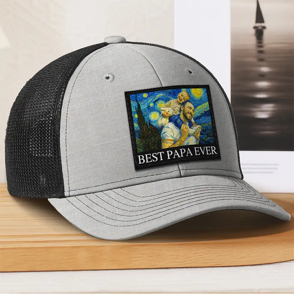 Gift For Father,Gift For Grandpa,Non-Eng,Photo - Pencil Sketch (Bold),Proud - Custom Photo Starry Night Best Dad Papa Ever - Personalized Leather Patch Hat