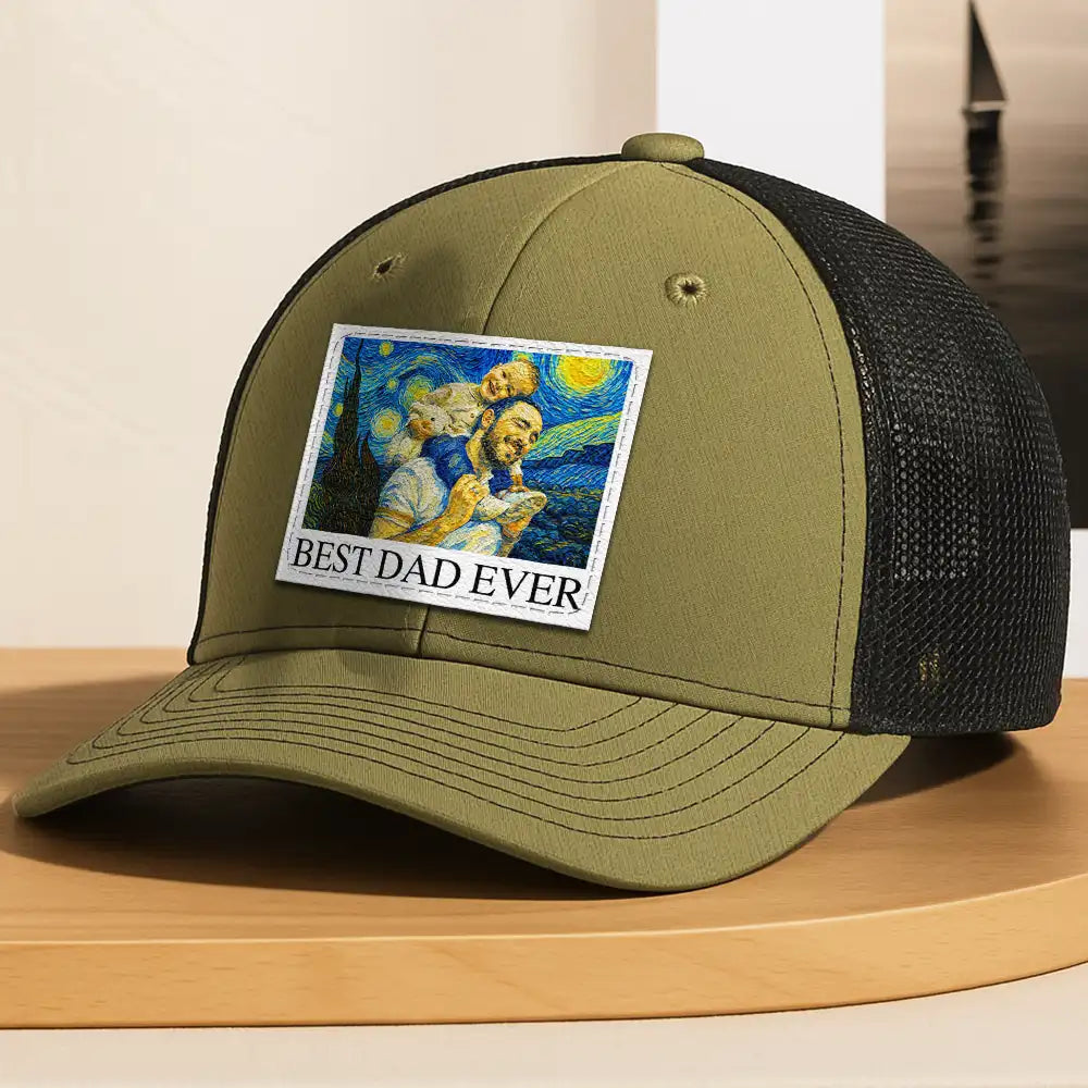 Gift For Father,Gift For Grandpa,Non-Eng,Photo - Pencil Sketch (Bold),Proud - Custom Photo Starry Night Best Dad Papa Ever - Personalized Leather Patch Hat