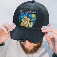 Gift For Father,Gift For Grandpa,Non-Eng,Photo - Starry Night,Proud - Custom Photo Starry Night Best Dad Papa Ever - Personalized Vintage Washed Denim Cap