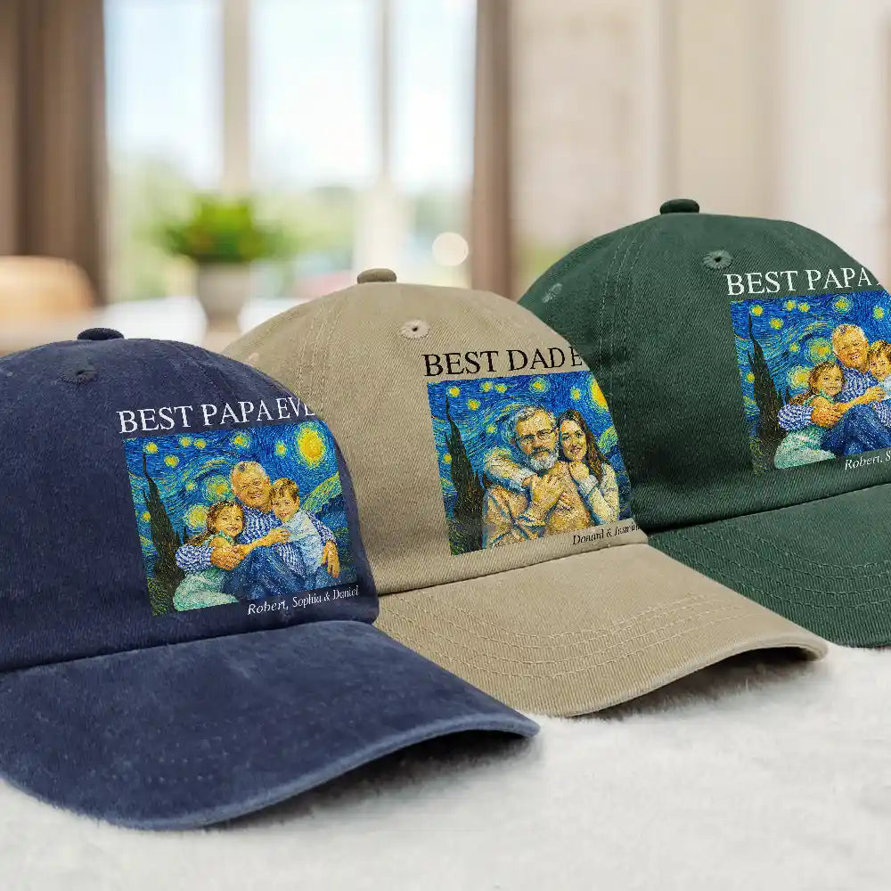 Gift For Father,Gift For Grandpa,Non-Eng,Photo - Starry Night,Proud - Custom Photo Starry Night Best Dad Papa Ever - Personalized Vintage Washed Denim Cap