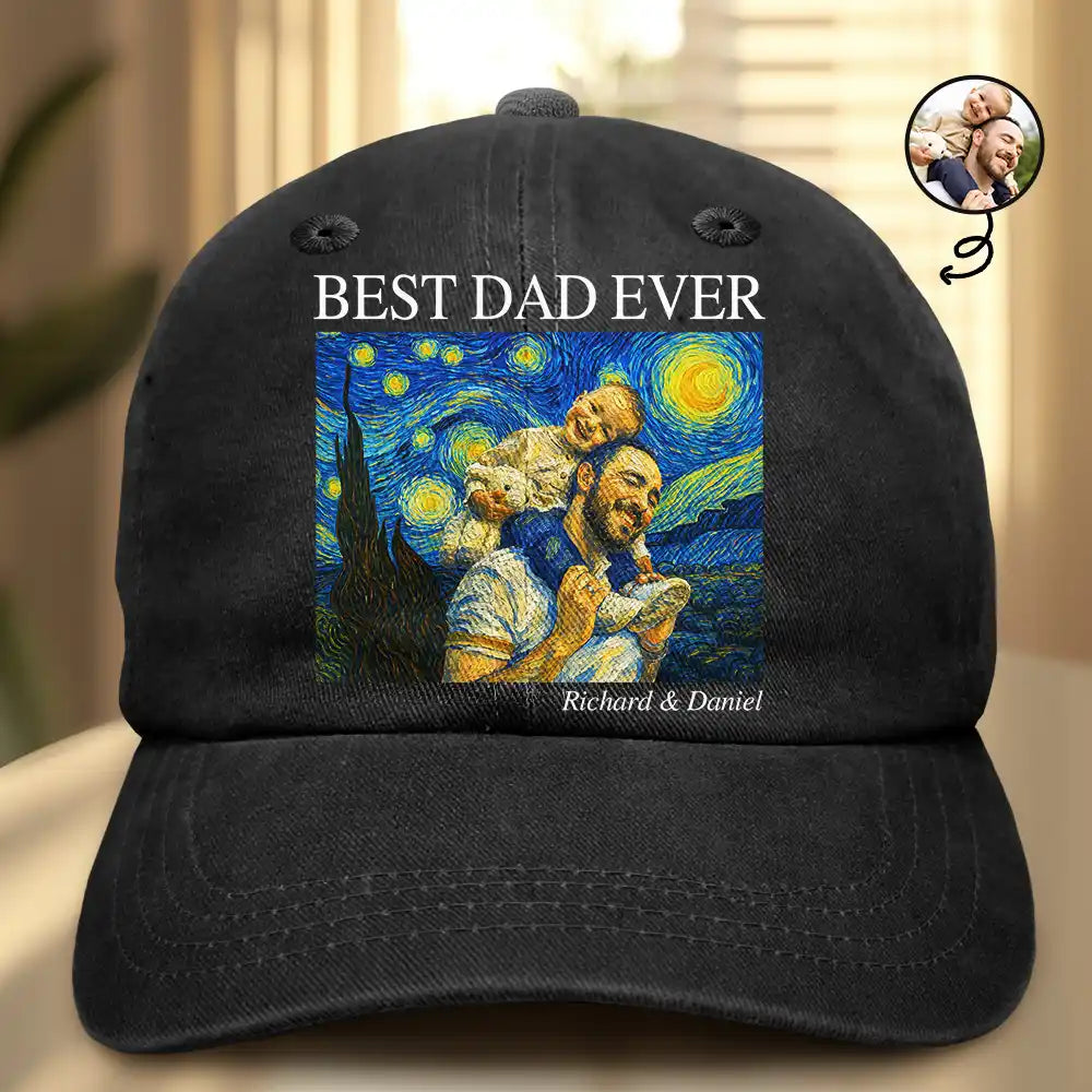 Gift For Father,Gift For Grandpa,Non-Eng,Photo - Starry Night,Proud - Custom Photo Starry Night Best Dad Papa Ever - Personalized Vintage Washed Denim Cap