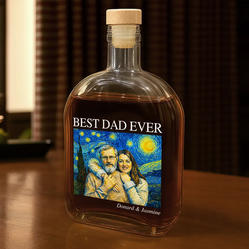 Gift For Father,Custom Photo,Art Design,Proud,Photo - Starry Night  - Custom Photo Starry Night Best Dad Papa Ever - Personalized Whiskey Bottle